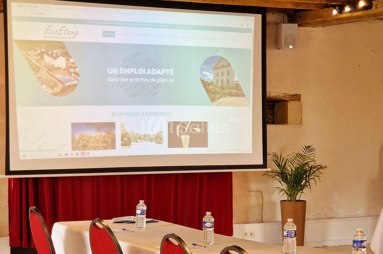 Écran de projection affichant un site web dans une salle de réunion avec des chaises rouges et des bouteilles d'eau sur les…