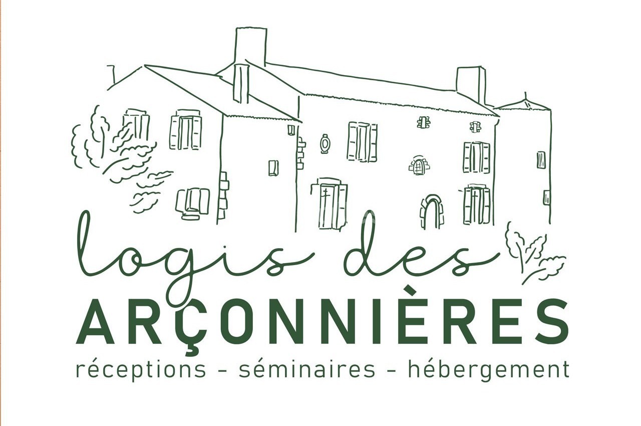 Illustration d'un bâtiment ancien avec le texte ’Logis des Arçonnières, réceptions, séminaires, hébergement’.