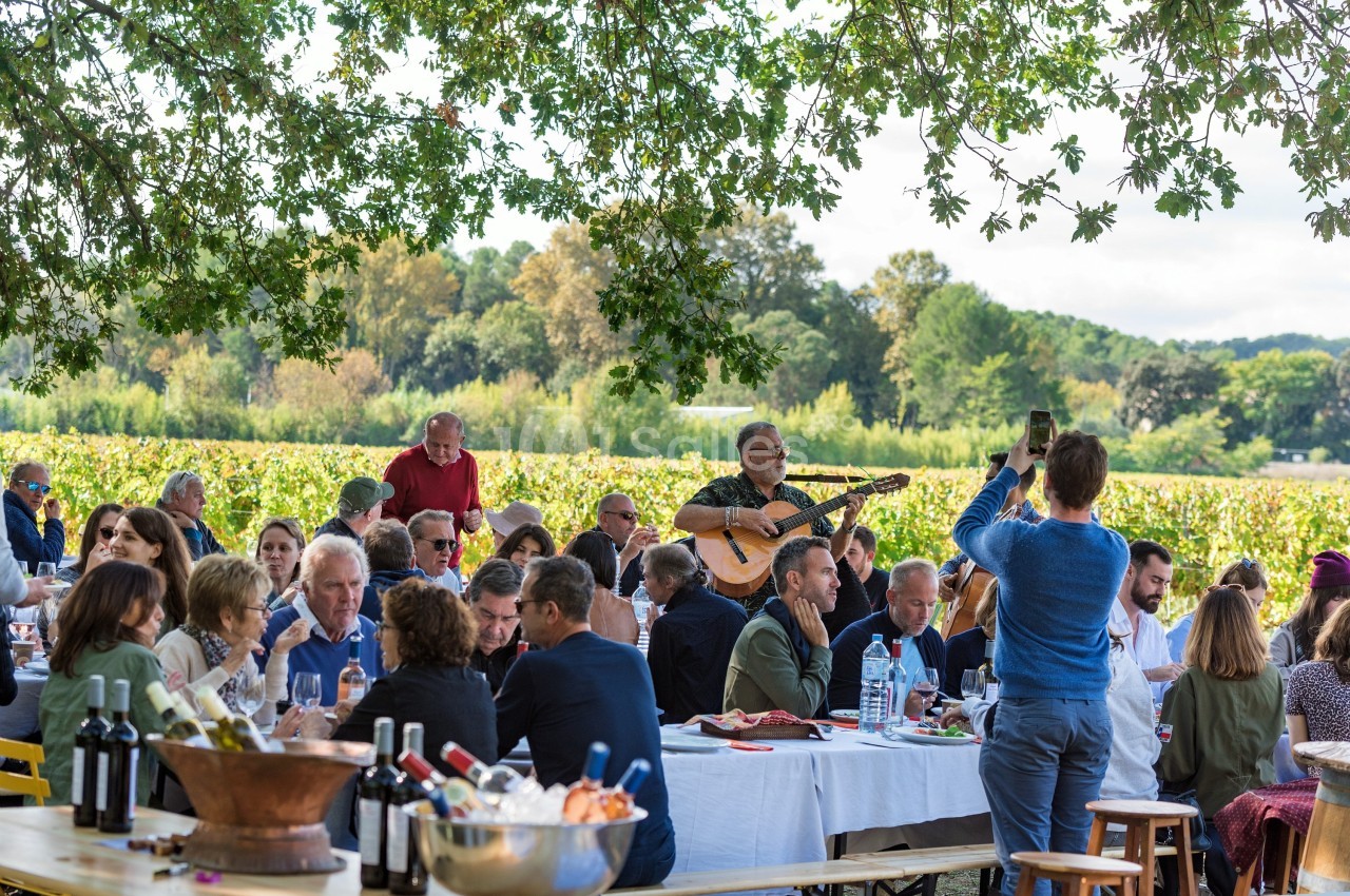 Groupe de personnes partageant un repas en plein air sous des arbres, avec un musicien jouant de la guitare.