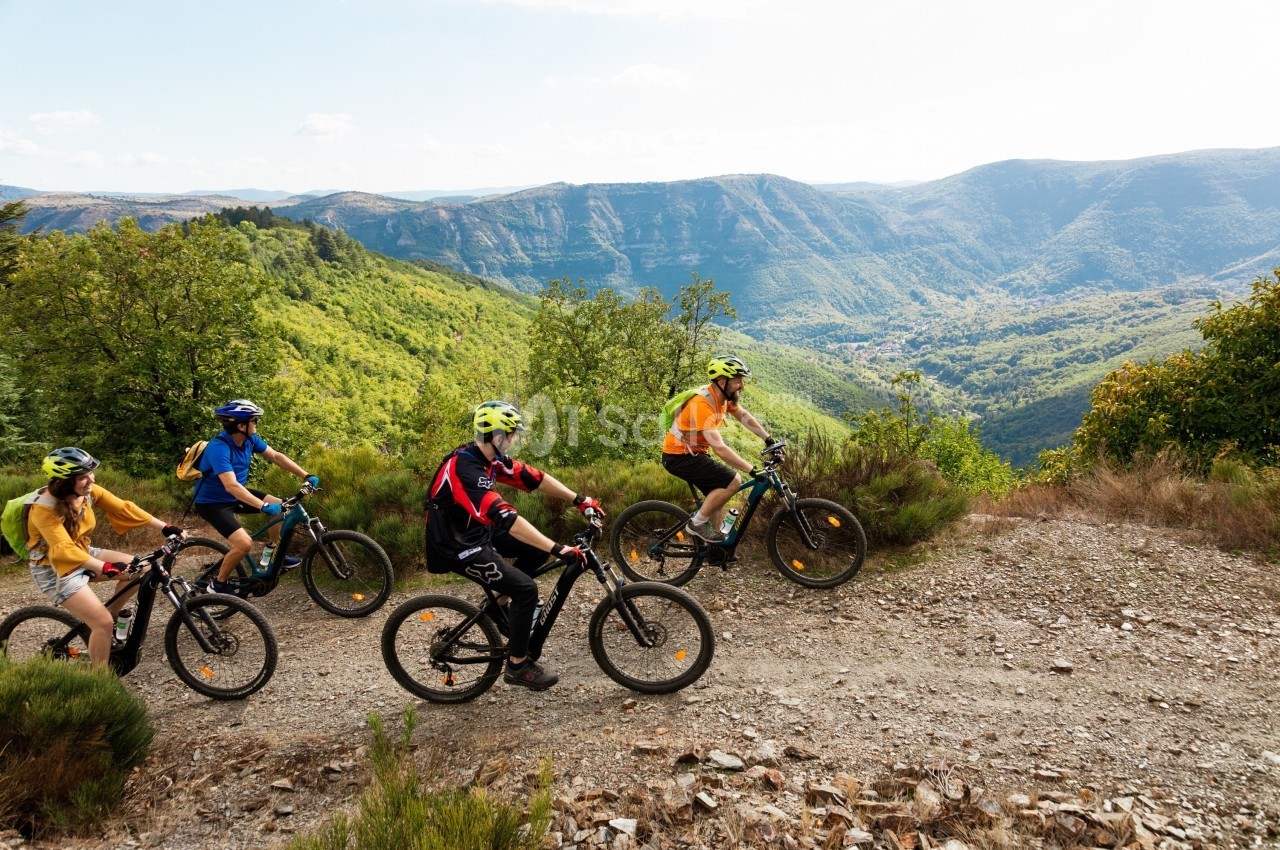 Quatre cyclistes en VTT parcourent un sentier montagneux entouré de végétation et offrant une vue sur une vallée.