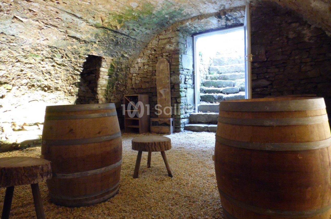 Cave voûtée en pierre avec tonneaux en bois, tabourets rustiques et escalier menant à l'extérieur.