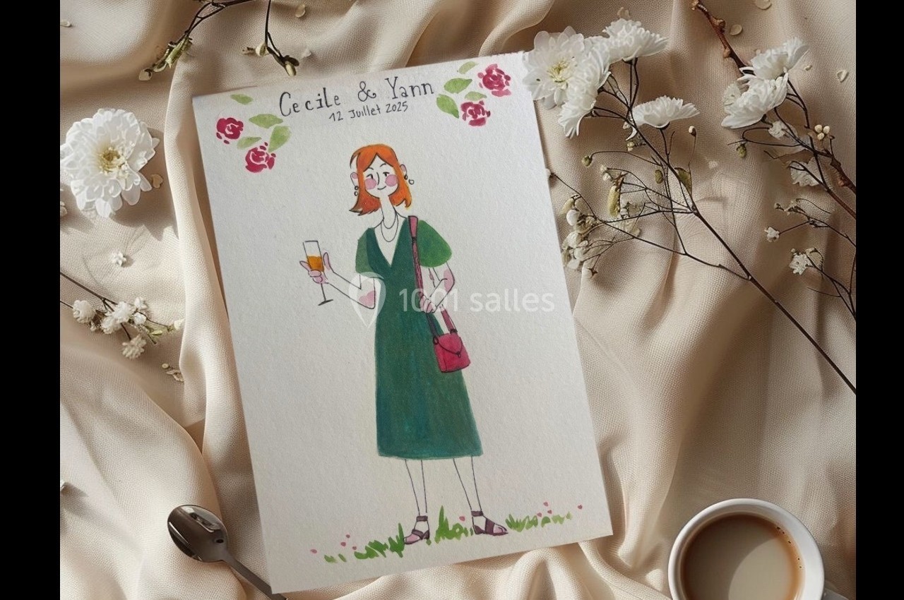 Illustration d'une femme en robe verte tenant un verre, posée sur un tissu beige avec des fleurs et une tasse de café.