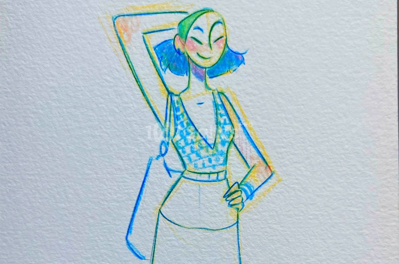 Illustration colorée d'une femme souriante avec un foulard vert, une tenue bleue et un sac à l'épaule.