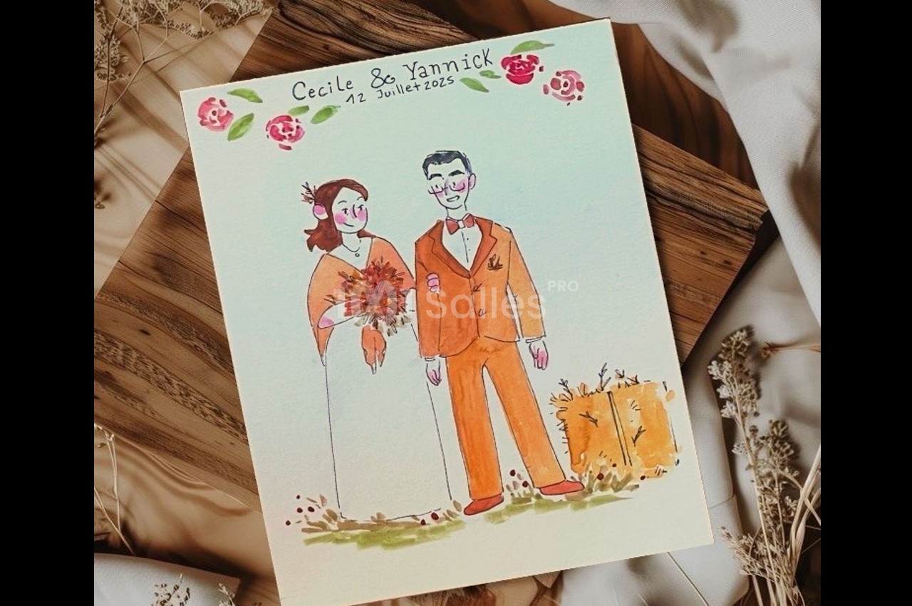 Illustration d'un couple en tenue de mariage avec des fleurs, posée sur une planche en bois et entourée de décorations.