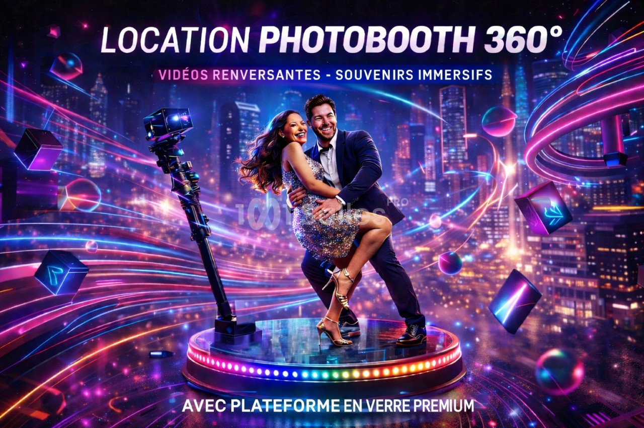 Un couple danse sur une plateforme lumineuse entourée d'effets lumineux colorés, avec une caméra 360° à proximité.
