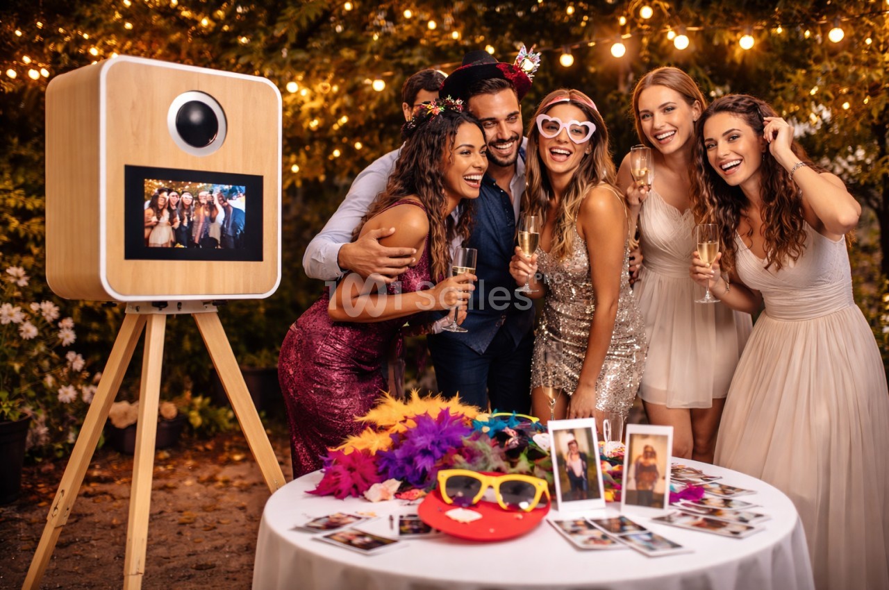 Groupe d'amis souriants posant près d'une borne photo, entourés de décorations lumineuses et accessoires festifs.