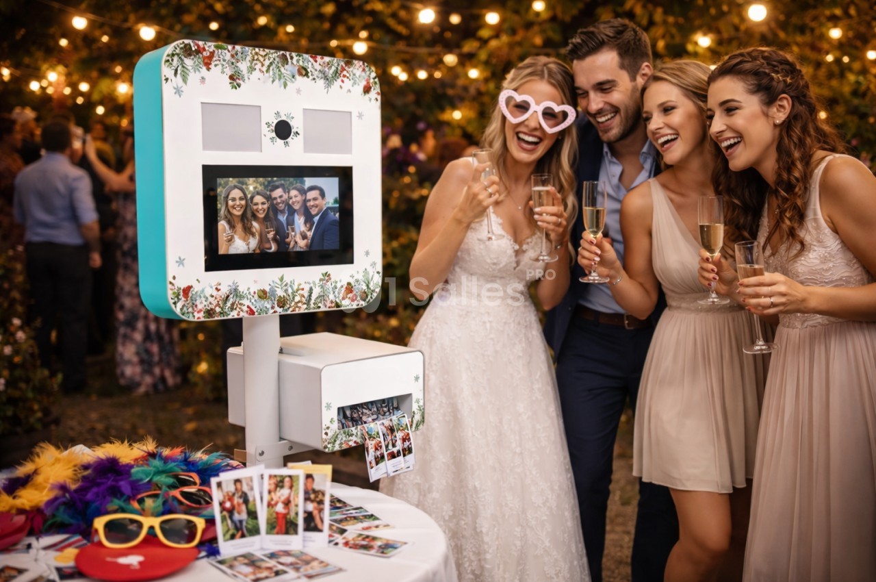 Des personnes souriantes, en tenue de fête, posent devant une borne photo lors d'un événement en extérieur éclairé.
