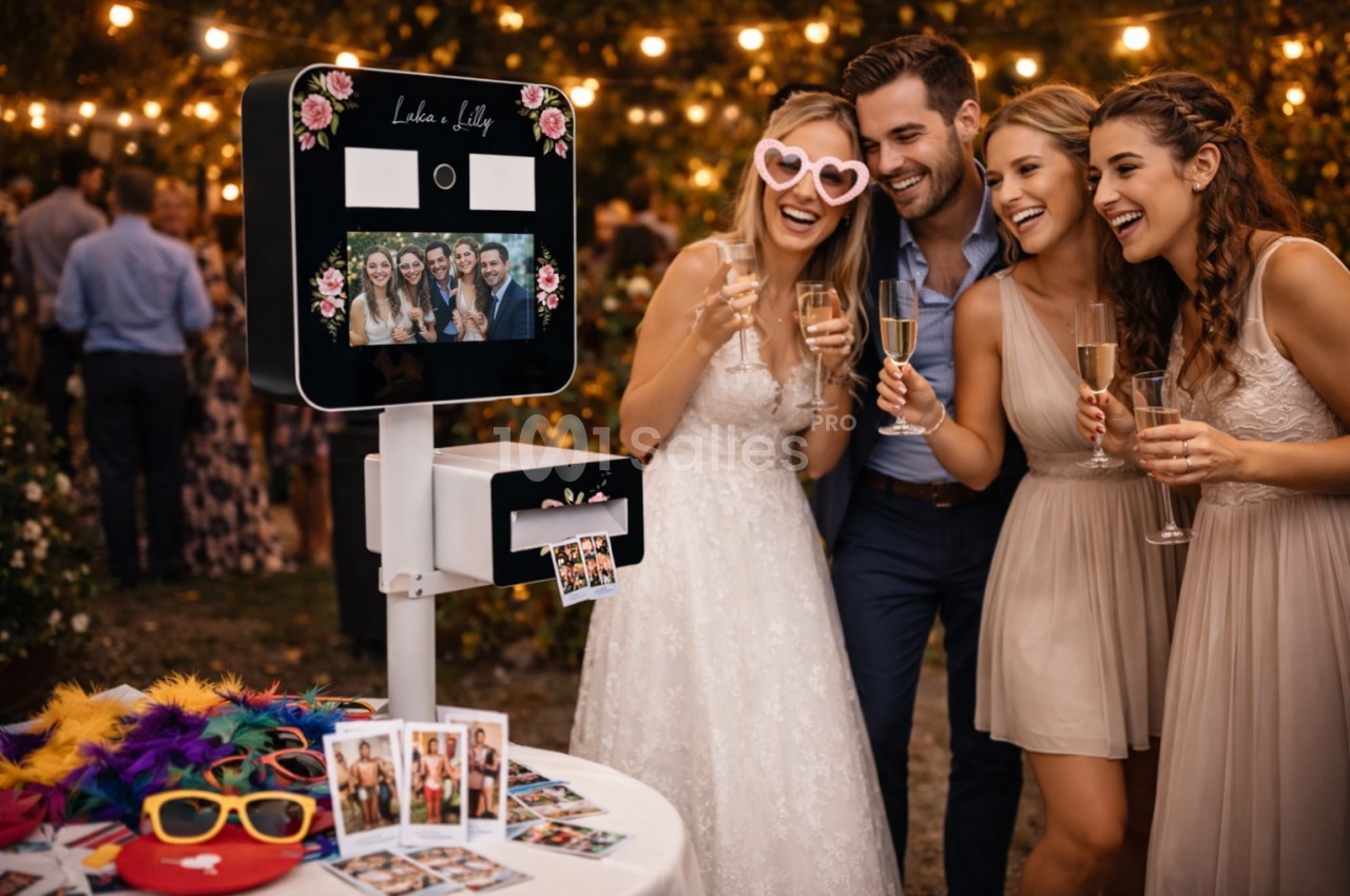 Des invités souriants posent devant une borne photo lors d'une fête en plein air, entourés de décorations lumineuses.