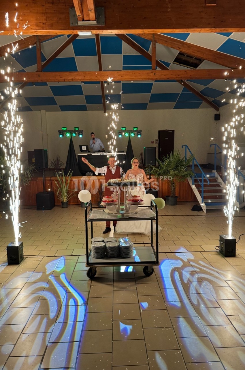 Deux personnes debout derrière un chariot avec des gâteaux, entourées de fontaines d'étincelles dans une salle festive.