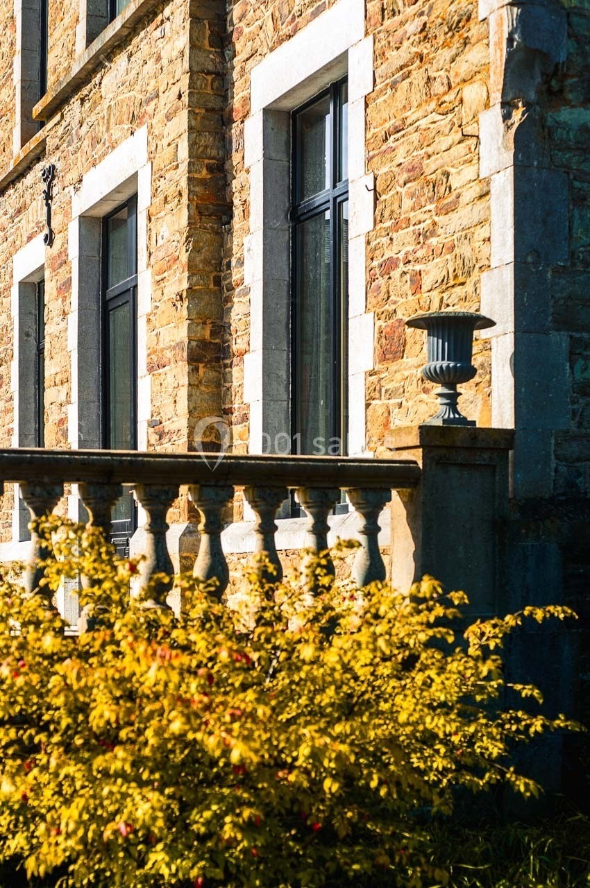 Façade en pierre avec fenêtres encadrées, balustrade en pierre et arbuste jaune au premier plan.