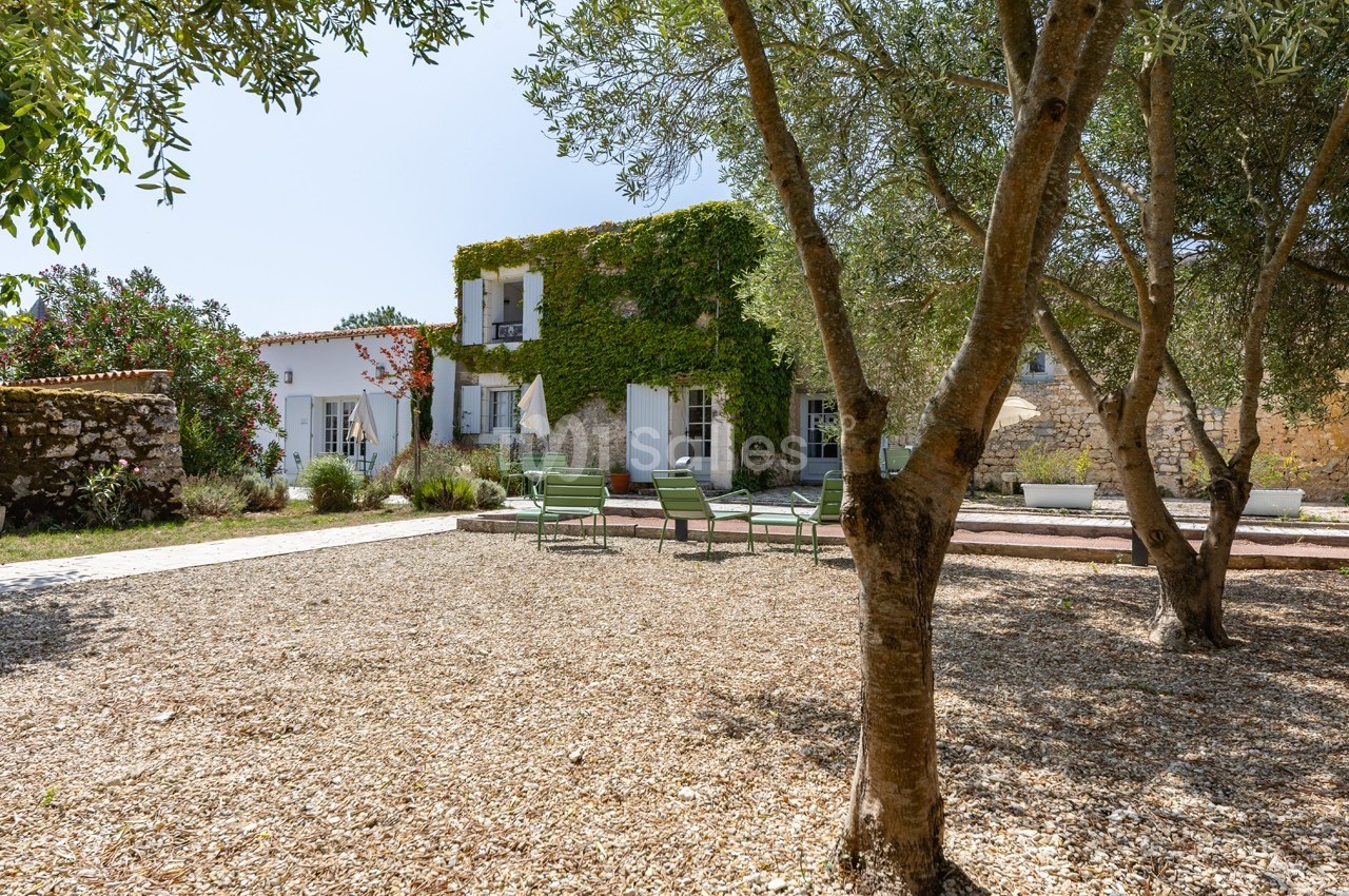 Maison en pierre recouverte de végétation, entourée d'arbres et d'une cour en gravier avec des chaises vertes.
