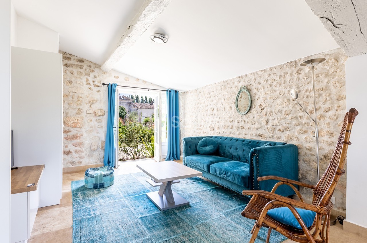 Salon lumineux avec murs en pierre, canapé bleu, tapis assorti, fauteuil en osier et vue sur un jardin par une porte ouverte.