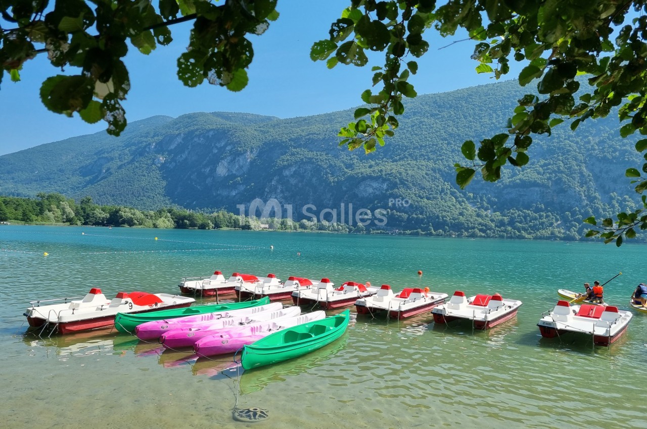 Pédalos et kayaks colorés amarrés sur un lac entouré de montagnes verdoyantes par une journée ensoleillée.