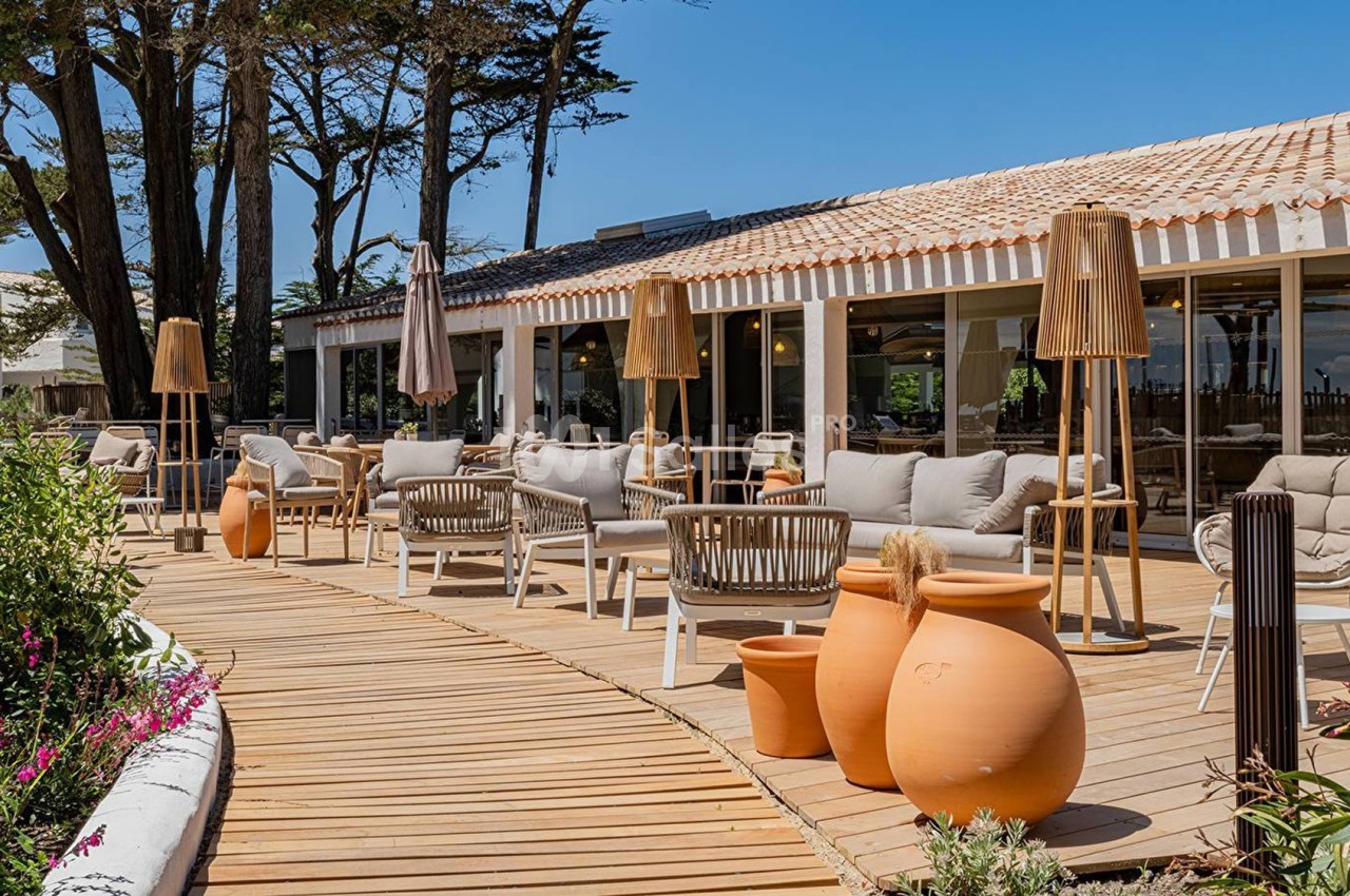 Terrasse en bois avec mobilier d'extérieur, pots en terre cuite et parasols, entourée de végétation et d'arbres.