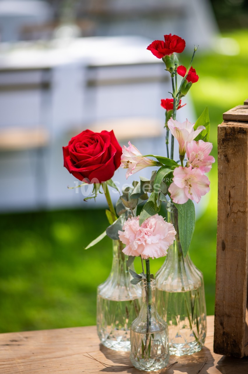 Fleurs rouges et roses disposées dans des vases en verre sur une table en bois, avec un fond flou de verdure.