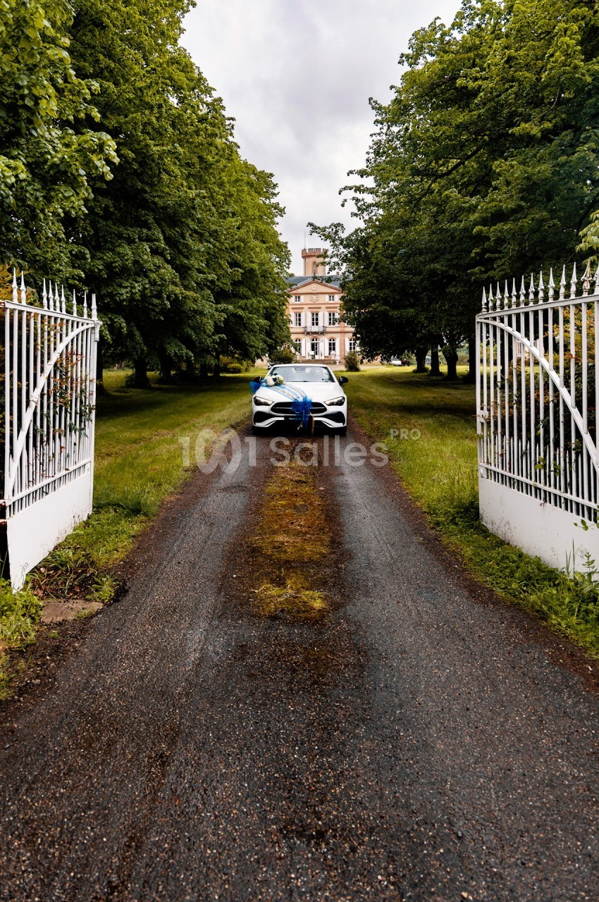 Voiture blanche décorée d'un nœud bleu sur une allée bordée d'arbres menant à un manoir.