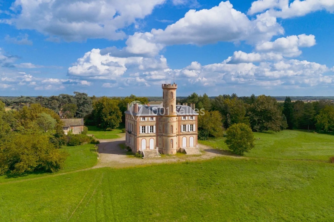 Vue aérienne d'un château entouré de verdure, avec un ciel bleu parsemé de nuages en arrière-plan.