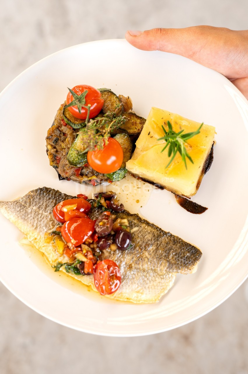 Assiette contenant un filet de poisson, légumes grillés, tomates cerises et un gratin de pommes de terre.