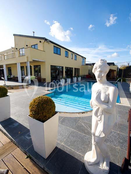 Statue blanche devant une piscine extérieure bordée de dalles grises, avec une maison moderne en arrière-plan.