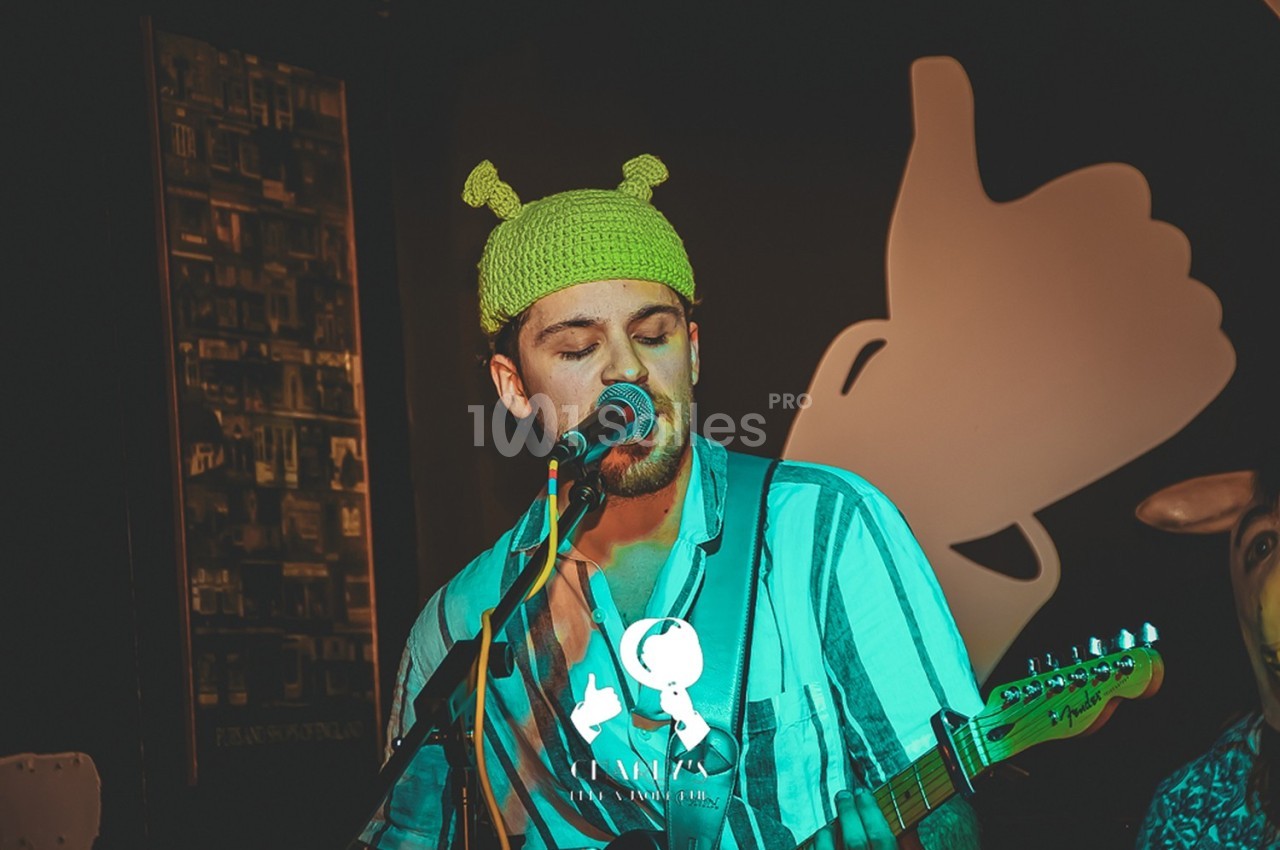Un musicien portant un bonnet vert joue de la guitare et chante sur scène, avec un décor sombre en arrière-plan.