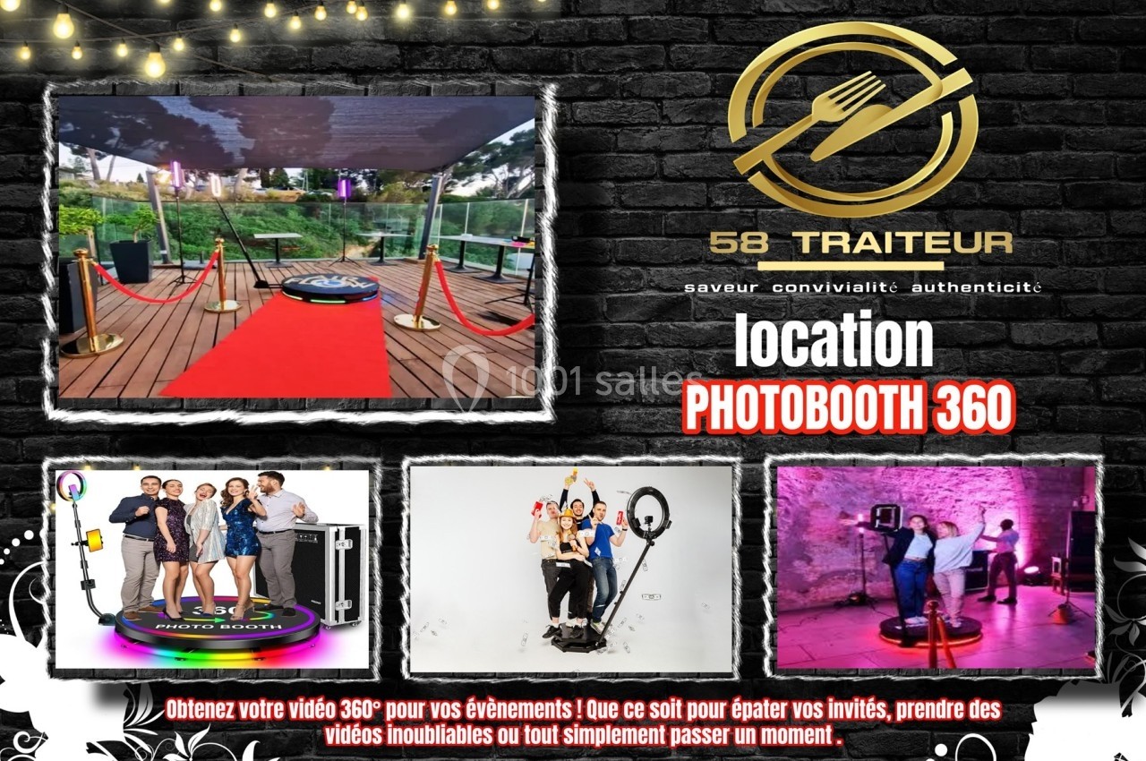 Photobooth 360 avec plateforme rotative, tapis rouge et accessoires pour des événements festifs en intérieur ou extérieur.