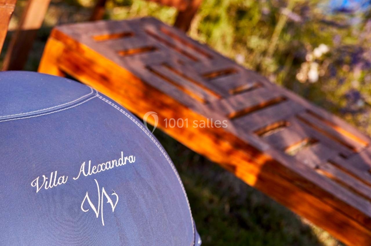 Coussin brodé ’Villa Alexandra’ au premier plan, banc en bois flou en arrière-plan dans un jardin ensoleillé.