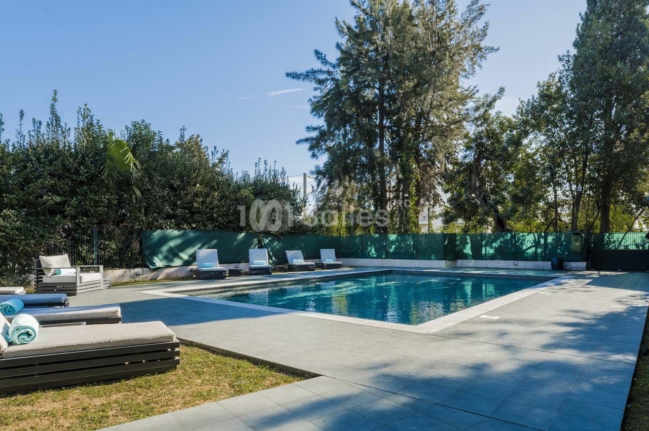 Piscine extérieure entourée de transats, d'arbres et d'une clôture, sous un ciel dégagé.