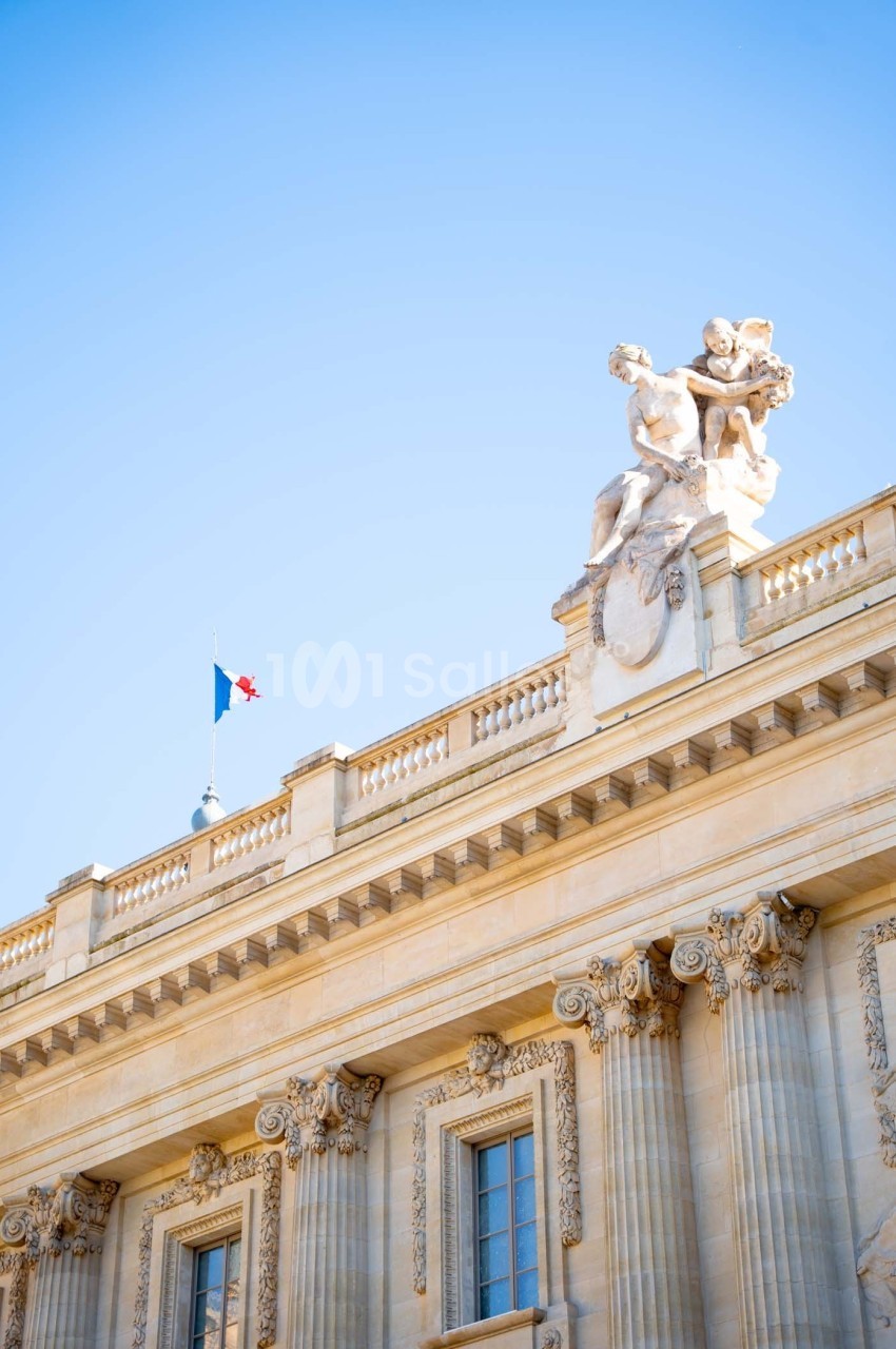 Façade d'un bâtiment classique avec colonnes, sculptures décoratives et drapeau français flottant au sommet.