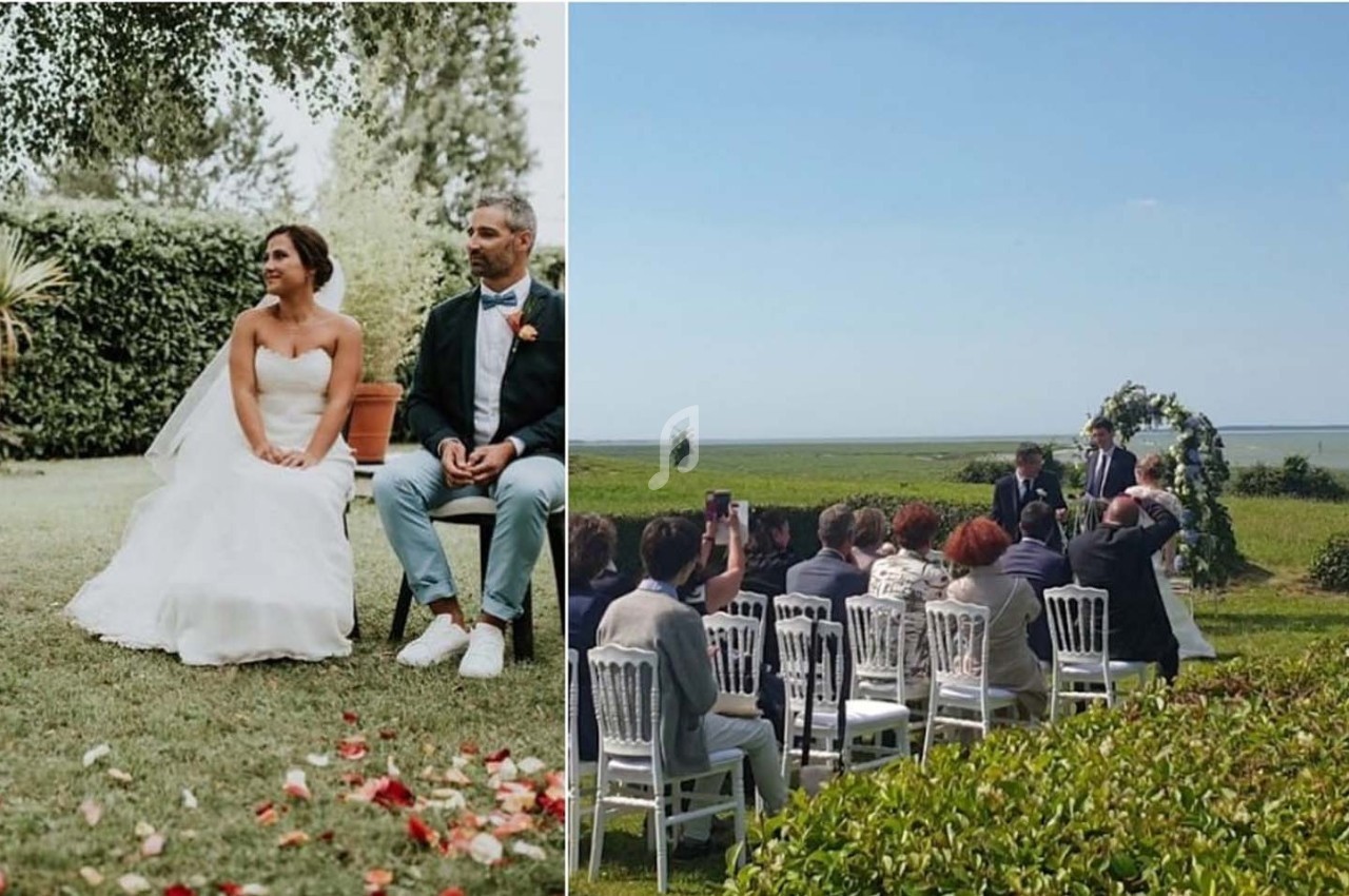Photo 1 : Une mariée et un marié assis sur des chaises dans un jardin, entourés de verdure. Photo 2 : Une cérémonie de…
