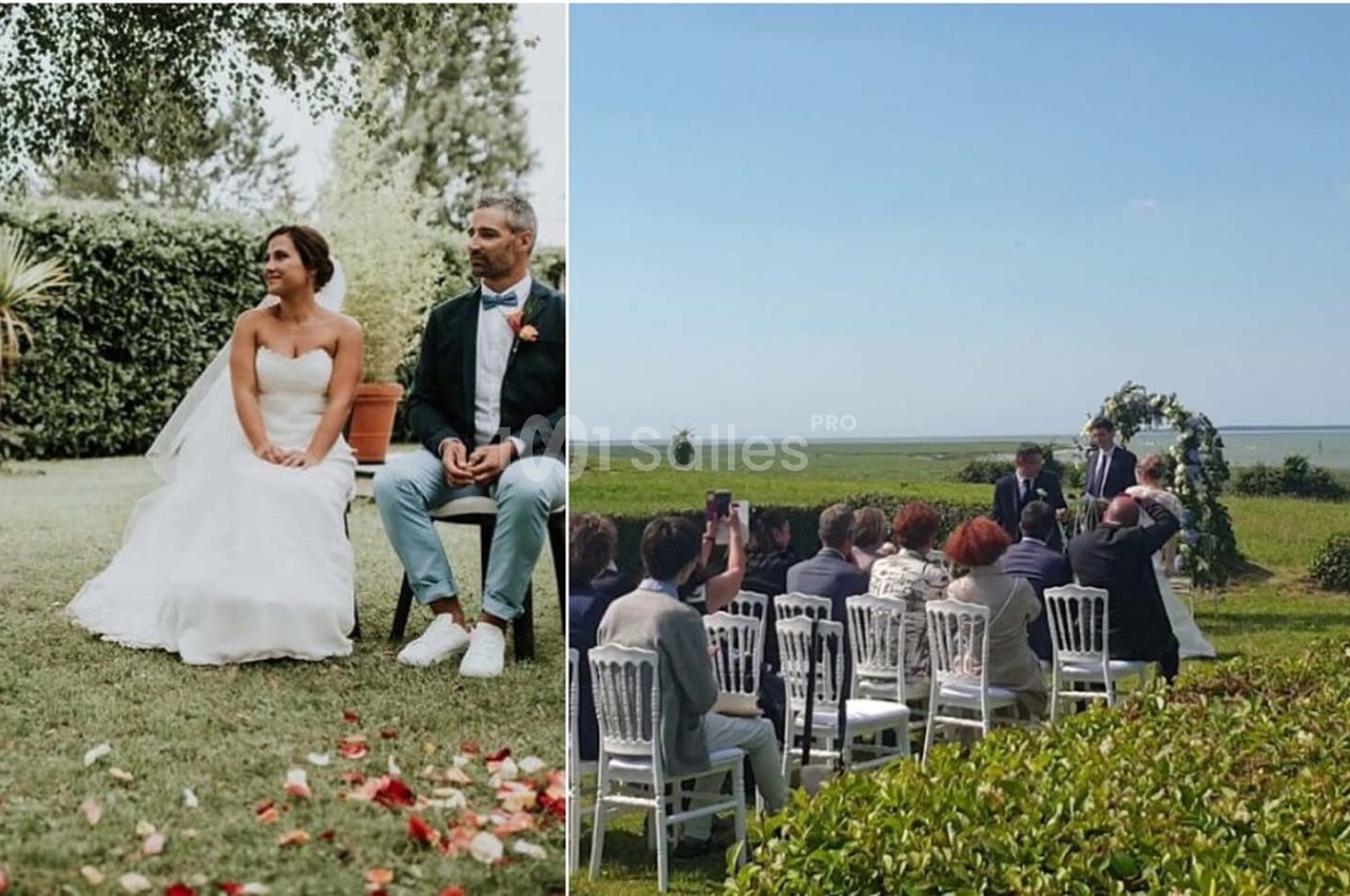 Photo 1 : Une mariée et un marié assis sur des chaises dans un jardin, entourés de verdure. Photo 2 : Une cérémonie de…
