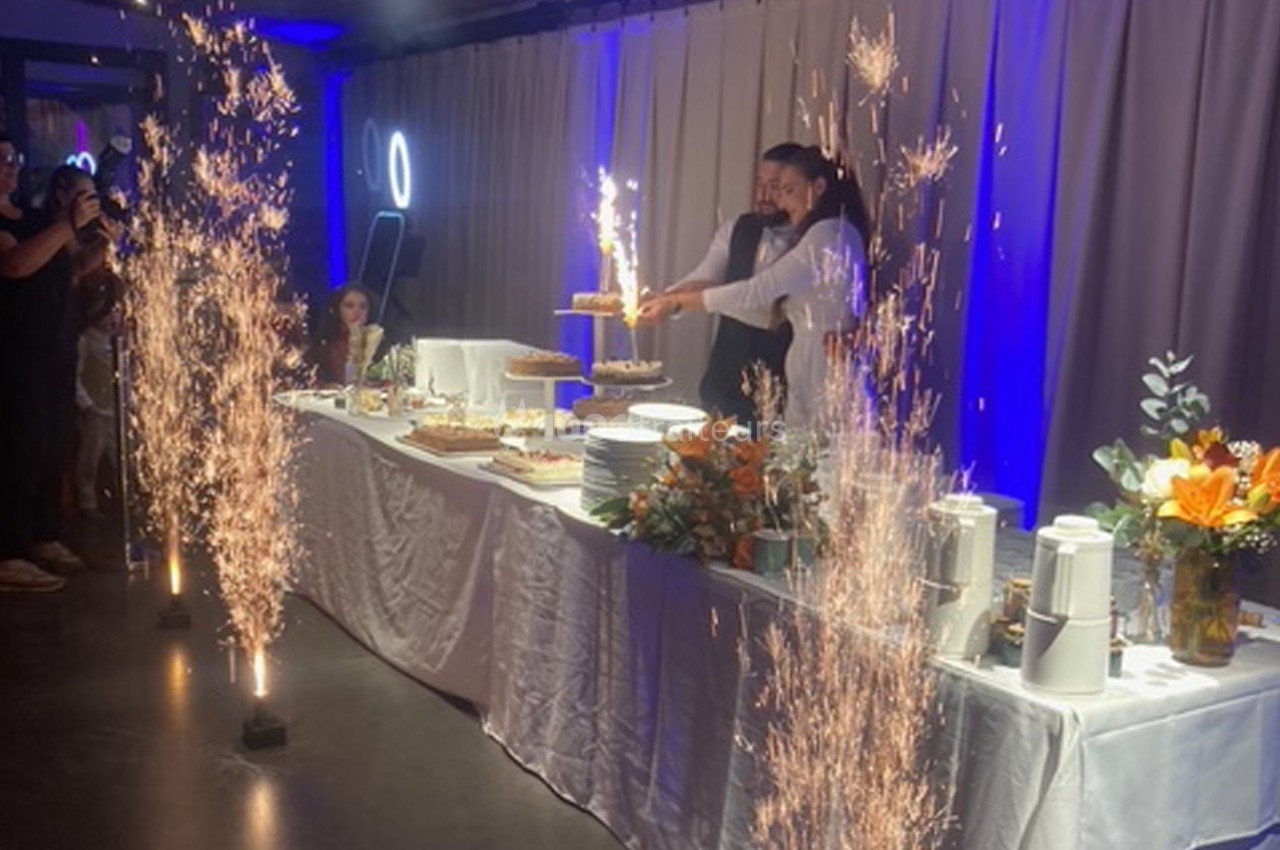 Un couple coupe un gâteau de mariage sur une table décorée, entourée de fontaines lumineuses et d'invités.