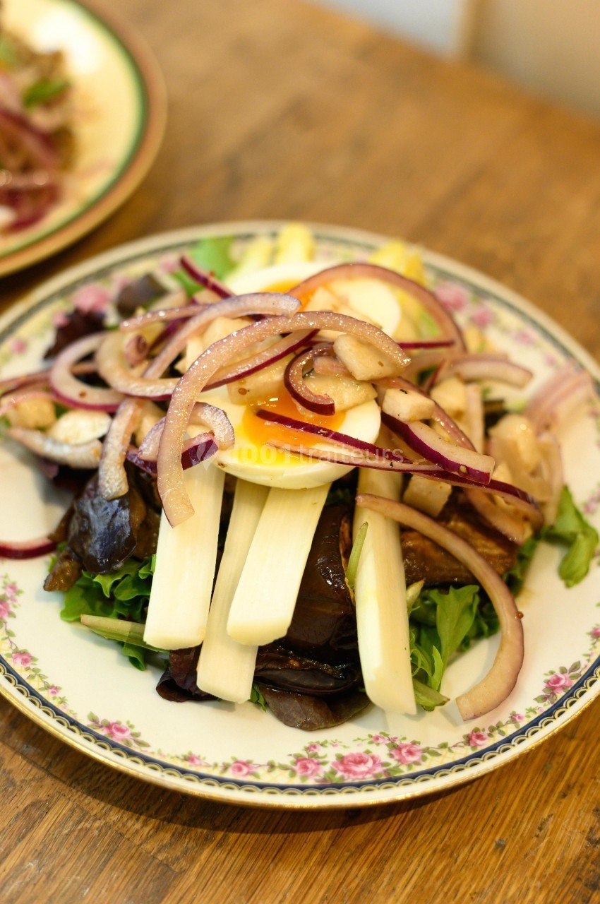 Assiette de salade composée avec asperges, oignons rouges, œuf poché et légumes sur un lit de verdure.