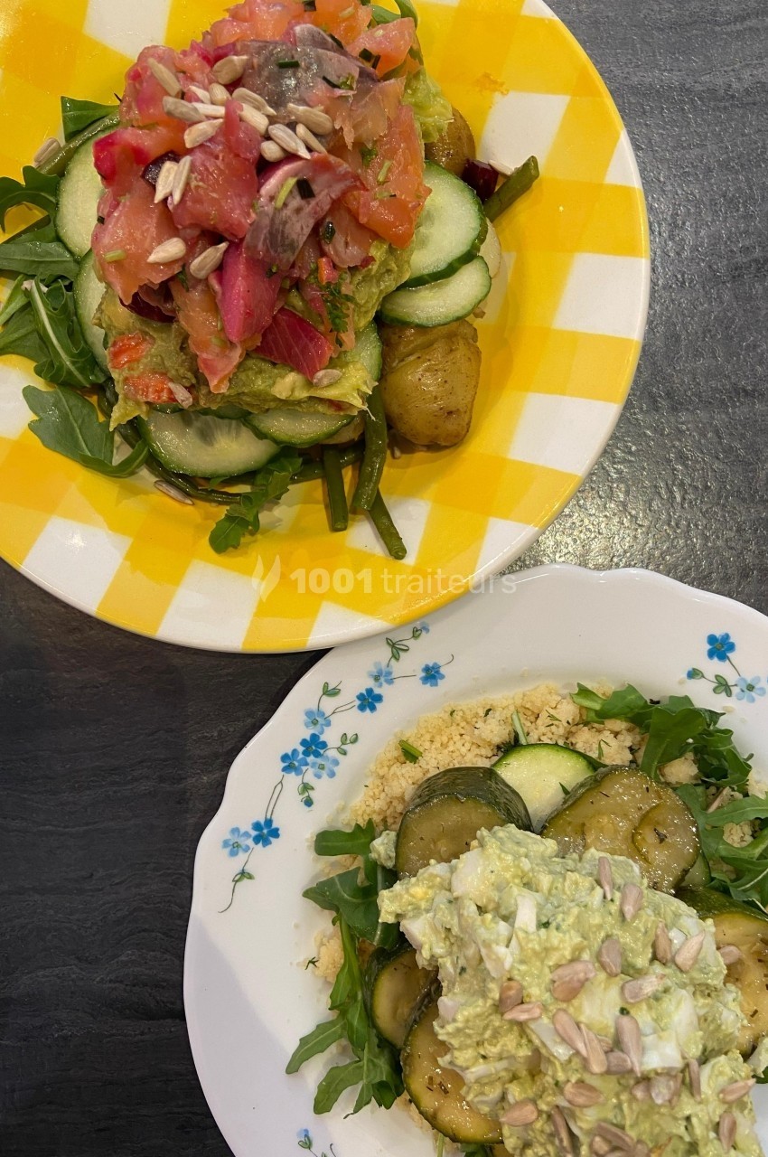 Deux assiettes de salades garnies de légumes, avocat, graines et saumon, présentées sur des assiettes colorées.