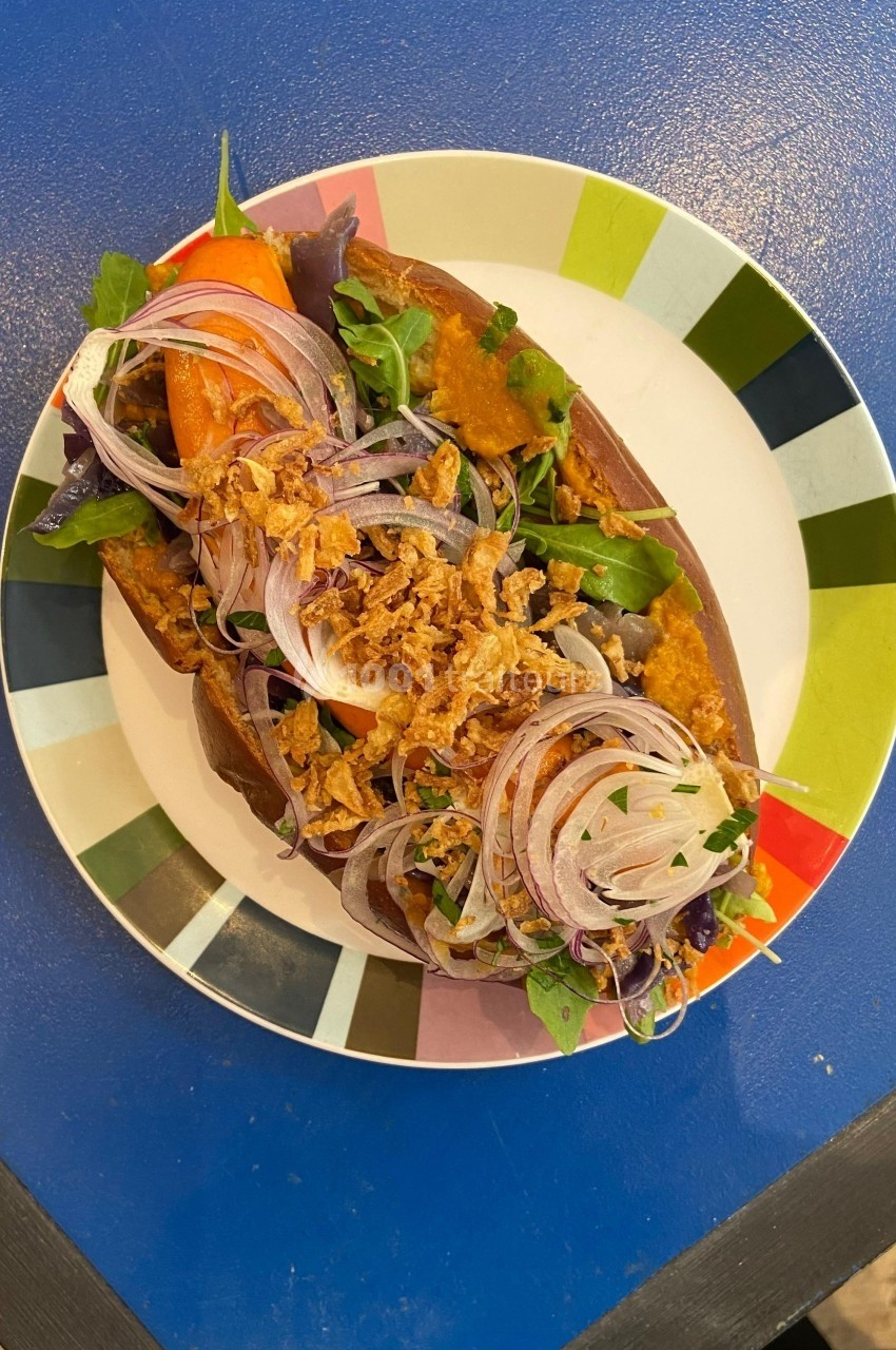 Assiette colorée contenant une patate douce garnie de légumes frais, oignons rouges et oignons frits.