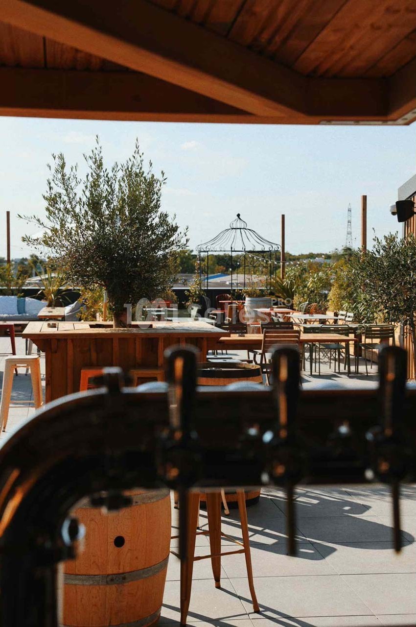 Terrasse ensoleillée avec tables, chaises, plantes et vue dégagée sur un paysage urbain et verdoyant.