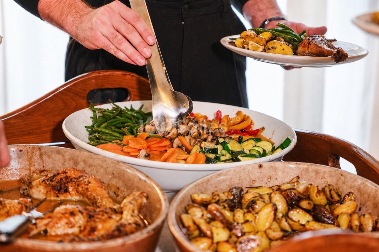Une personne sert des légumes et des pommes de terre dans un buffet avec des plats variés, incluant viande et légumes.