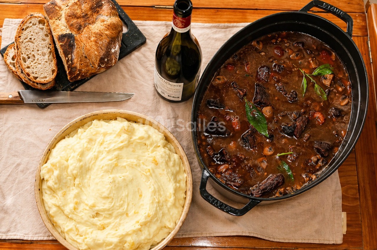 Plat de bœuf mijoté avec légumes, purée de pommes de terre, pain artisanal et bouteille de vin sur une table en bois.