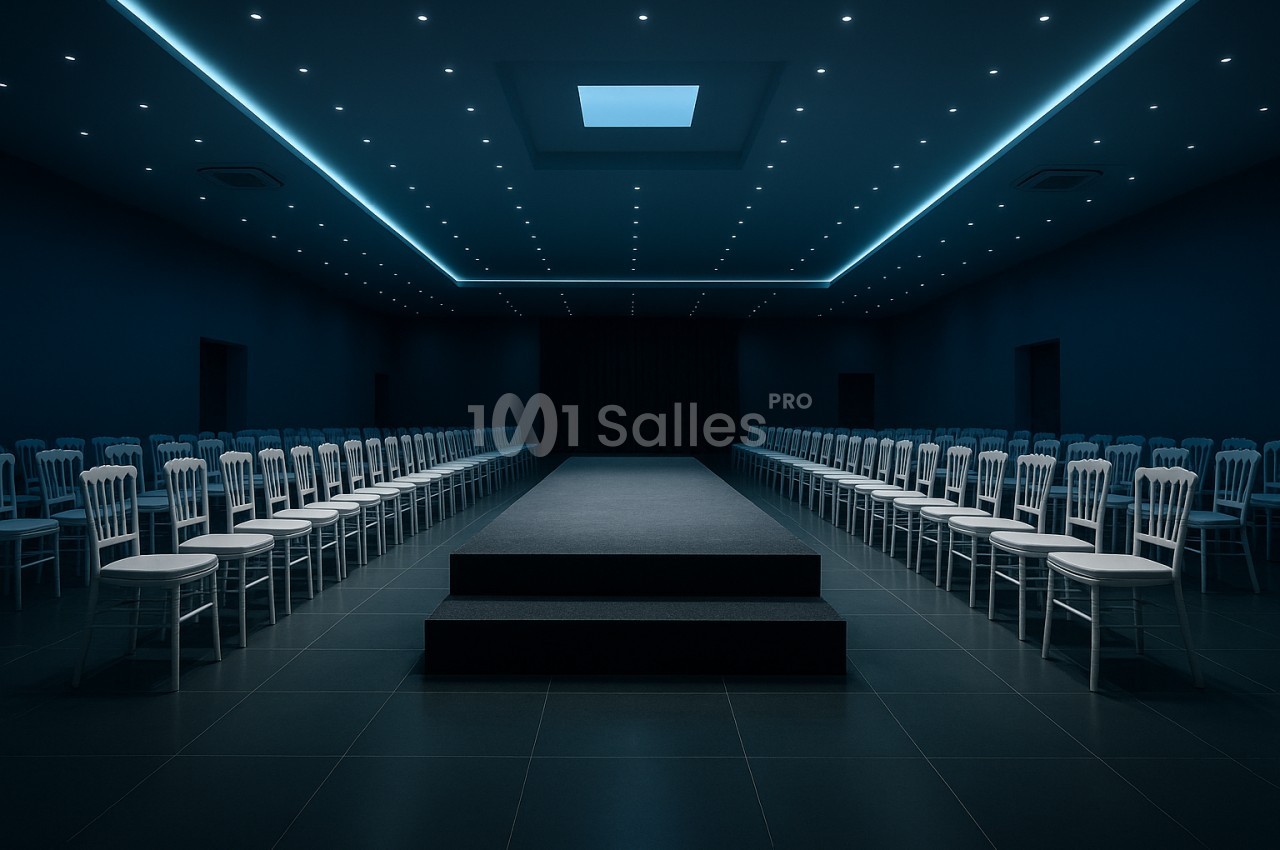 Salle sombre avec une scène centrale surélevée, entourée de rangées de chaises blanches alignées symétriquement.