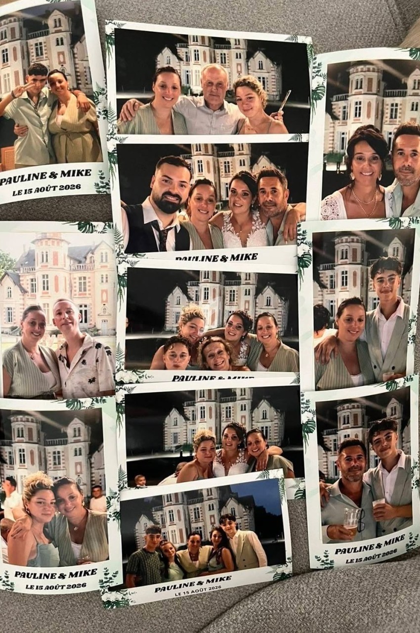 Photos souvenirs d'invités posant par groupes devant un décor de château lors d'un événement nommé ’Pauline & Mike, 15 août…