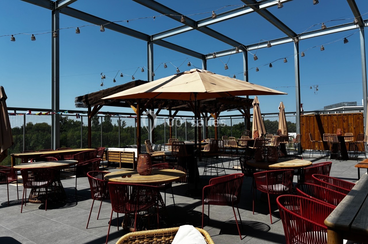 Terrasse extérieure avec tables, chaises rouges, parasols et guirlandes lumineuses sous une structure métallique.