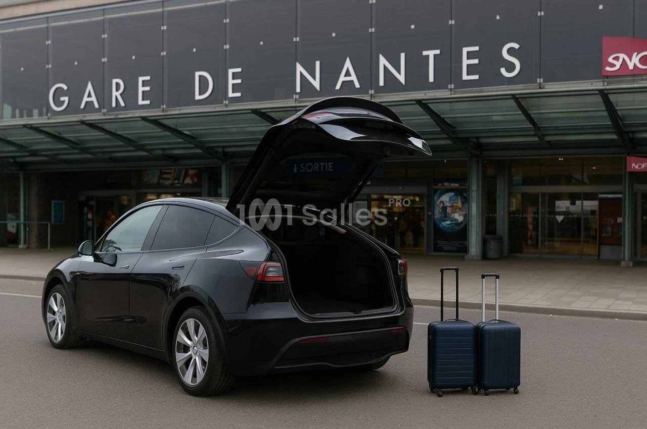 Voiture noire avec coffre ouvert devant la gare de Nantes, accompagnée de deux valises bleues posées au sol.