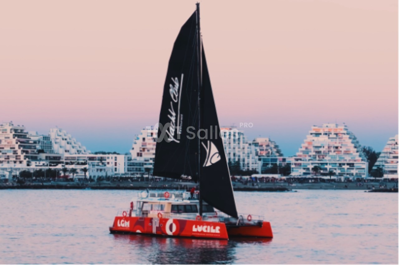Catamaran rouge avec voiles noires naviguant près de bâtiments pyramidaux au bord de l'eau au coucher du soleil.