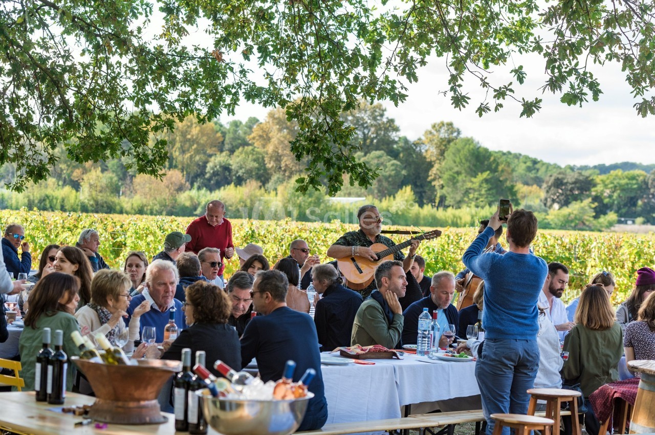 Un groupe de personnes partage un repas en plein air sous des arbres, avec un musicien jouant de la guitare.