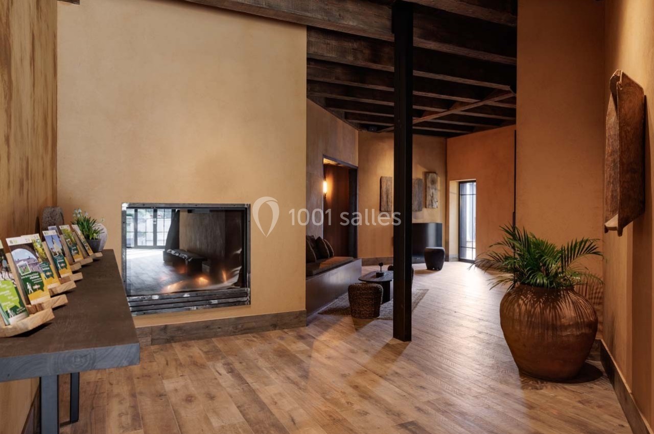 Intérieur chaleureux avec parquet en bois, cheminée moderne, plantes décoratives et brochures sur une table.