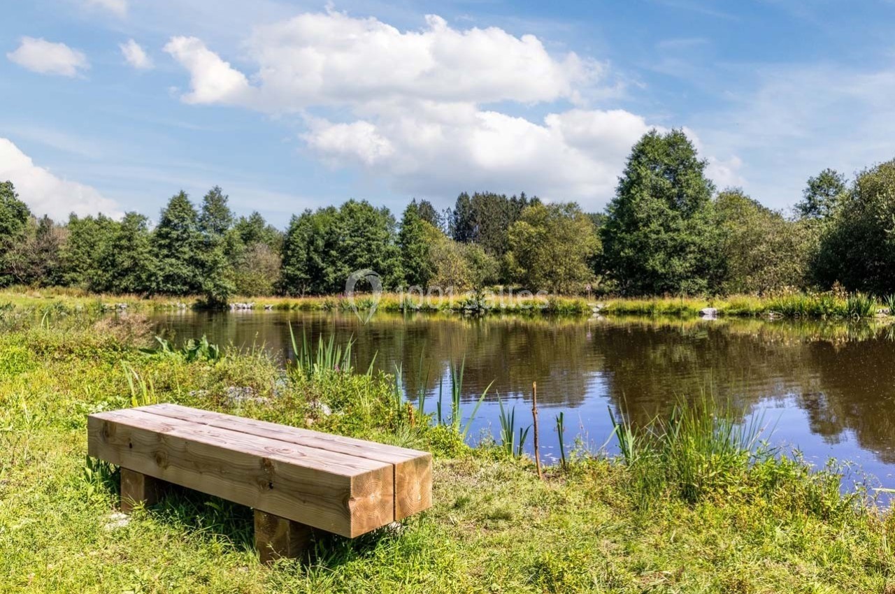 Banc en bois face à un étang entouré de végétation et d'arbres sous un ciel partiellement nuageux.