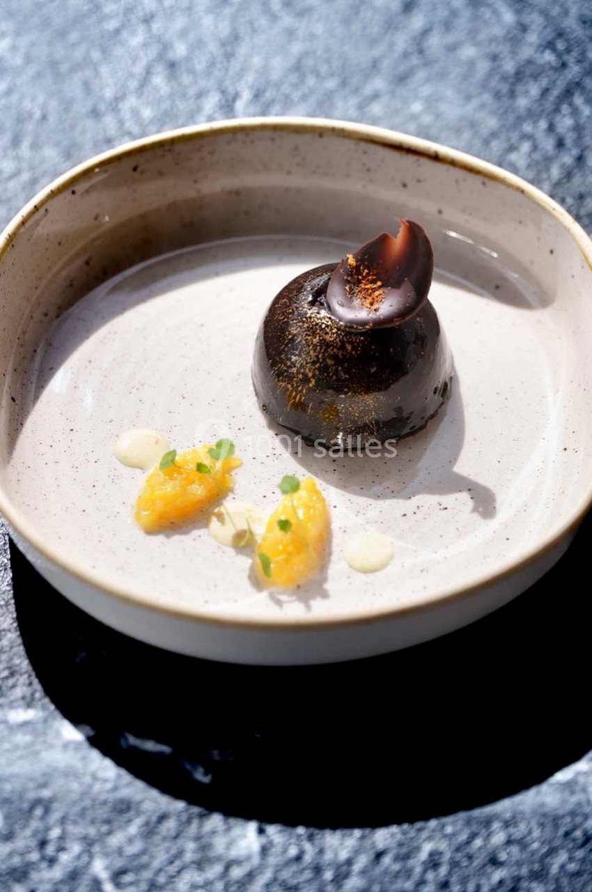 Dessert élégant composé d'un dôme chocolaté avec une garniture et des touches de fruits et crème sur une assiette blanche.
