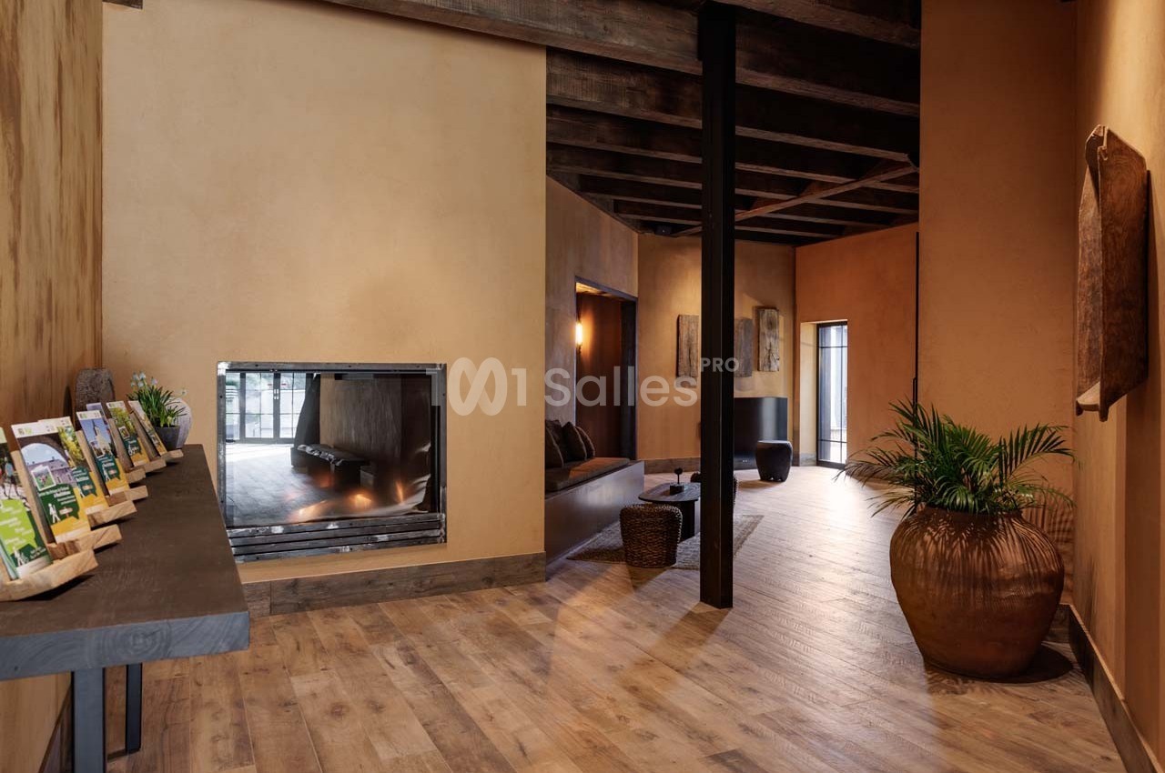 Intérieur chaleureux avec parquet en bois, cheminée moderne, plantes décoratives et brochures sur une table.