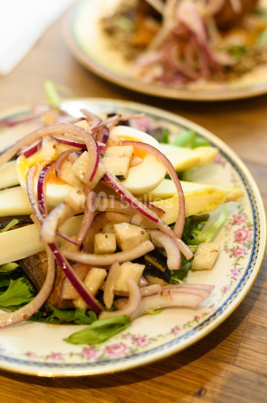 Assiette de salade composée avec endives, œuf dur, oignons rouges et morceaux de légumes sur un lit de verdure.