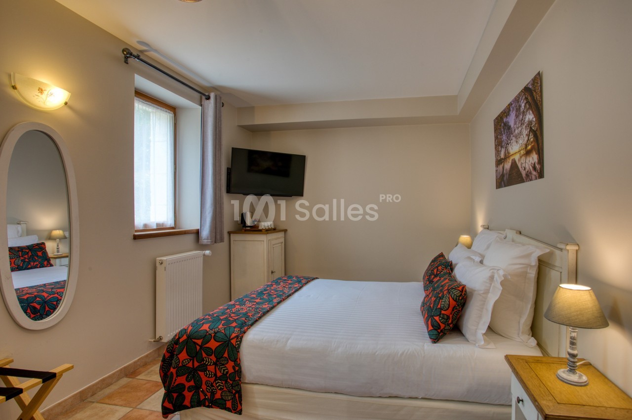 Chambre lumineuse avec lit double, décoration sobre, télévision murale, miroir ovale et fenêtre avec rideaux.