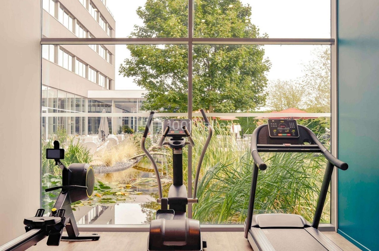 Salle de sport avec rameur, vélo elliptique et tapis de course, vue sur un jardin extérieur à travers une grande baie vitrée.